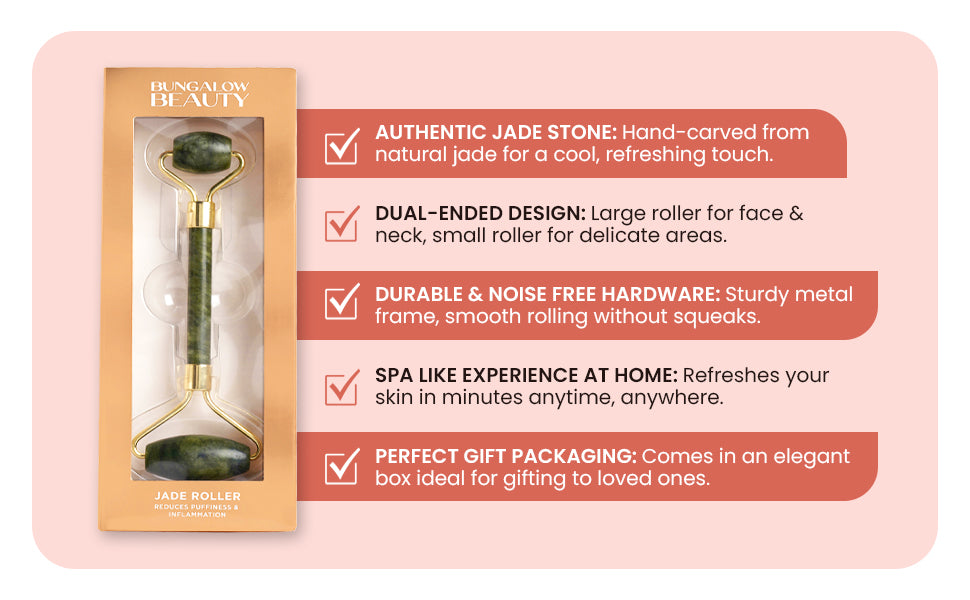 Bungalow Beauty Jade Roller, Double-Ended Facial Massage Tool, Gold and Green