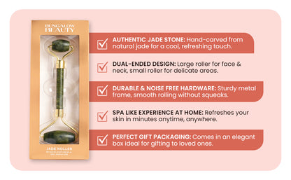 Bungalow Beauty Jade Roller, Double-Ended Facial Massage Tool, Gold and Green